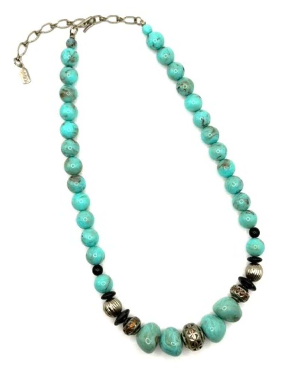 1928 Faux Turquoise Beaded Statement Necklace Southwestern Boho Silver Tone